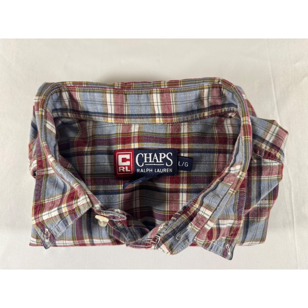 VTG 90s Chaps Ralph Lauren Mens Large Plaid Button Down Blue Red Long Sleeve L